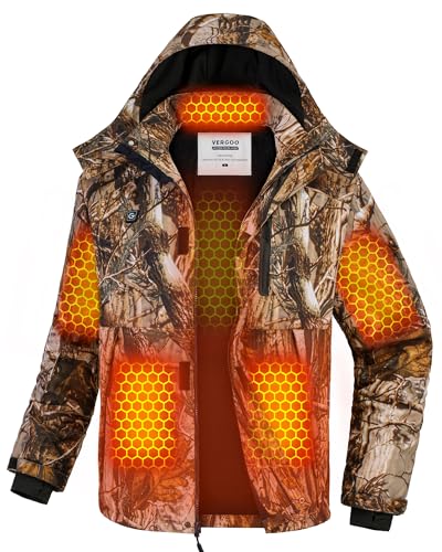 VERGOO Graphene Mens Heated Hunting Jackets with Battery Pack Included Winter Waterproof Electric Self Heating Coat with Hood, Men's Camo L