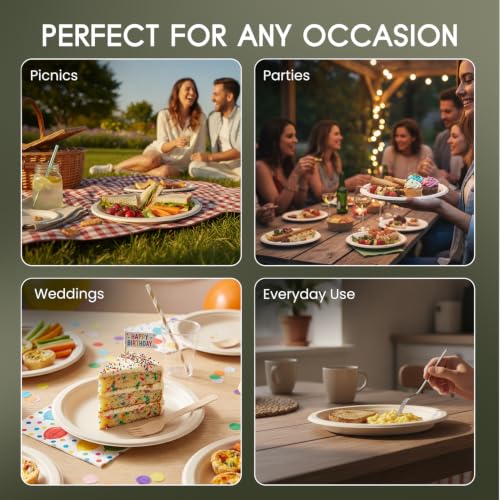 Image of Bonkaso 10 Inch, Pack of 100 Bagasse Disposable Round Plates (Beige)| Eco-Friendly Sugarcane Paper Plates | Biodegradable, Compostable & Sturdy | Ideal for Snacks, Desserts, Parties, Weddings & Events