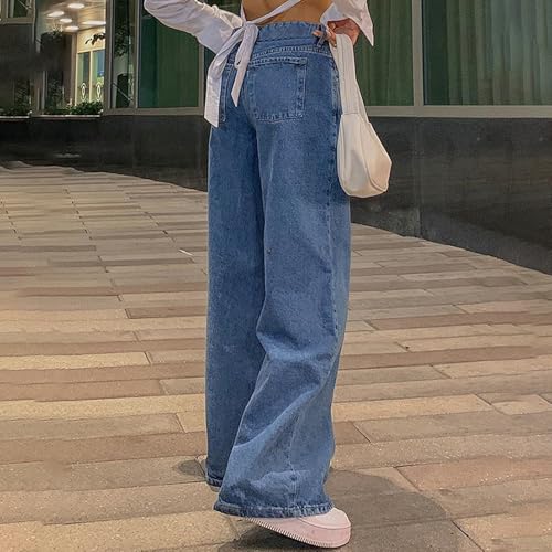 DSXH Gerade Bein Hosen Denim Hosen Vintage Lose Blau Gewaschen Mom Jeans Low Rise Jeans Frauen lose Jeans (Blau, L)