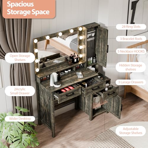 Image of Farmhouse Vanity Desk with 3 Adjustable Light Colors & Power Outlet, Makeup Vanity Table with Sliding Jewelry Cabinet, Built-in Lipstick Organizer, 3 Drawers & Shelves for the Bedroom, Brown