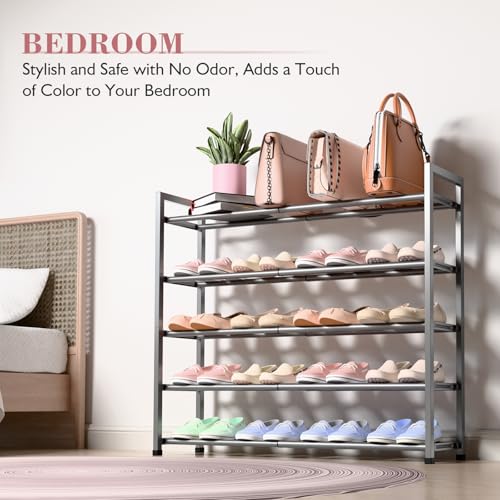 Image of Bumusty 5-Tier Expandable Shoe Rack for Closet, 18 inch-33 inch Adjustable Shoe Rack for Small Space, Small Shoe Organizer for Front Door, Sturdy Metal (Grey)