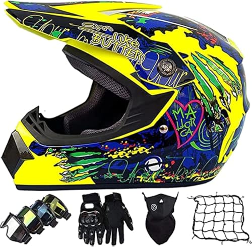 Casco Motocross Niño Homologado Carcasa ABS Casco de Moto Infantil Cross Integral Enduro Infantil para Mujer Hombre Adultos Casco de Descenso con Gafas Máscara Guantes (A,S) (S,A)