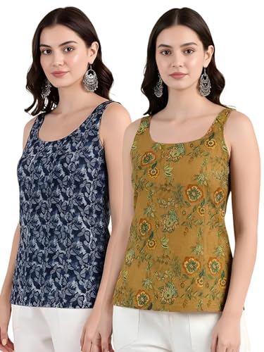 Image of Pinkmint Women Kurti Tops | Sleeveless Printed Kurti for Women | Cotton Blend Short Kurta Tops | Casual, Office Wear, College & Summer Tunic Tops for Women | Pack of 2