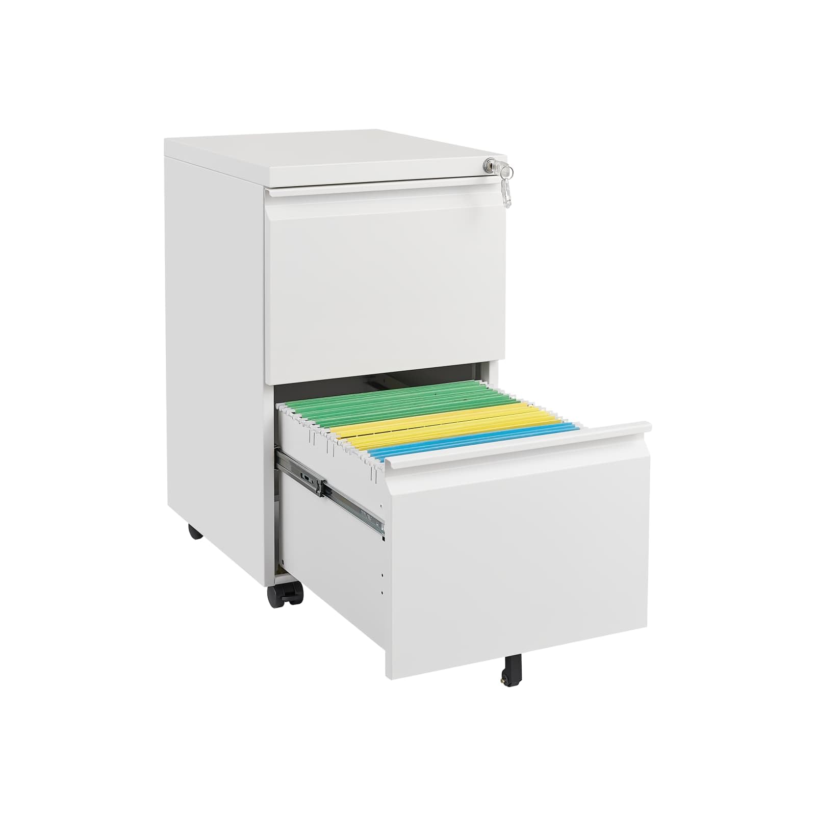 PUGSDRLY Armoire Bureau avec 2 Tiroirs pour Dossiers légaux/Lettres/A4,Caisson Bureau Mobiles avec Rangement,Armoire Metallique,Classeur Polyvalent,Design 5 Roues Anti-basculement (Blanc-C)