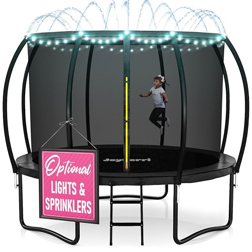 Image of JoyBerri Upsurge Trampoline Outdoor - ASTM Certified Safe 8Ft 10Ft 12Ft 14Ft 15Ft 16Ft Recreational Trampoline for Kids and Adults. Anti-Rust Coating with Enclosure Net, Ladder, Sprinkler & LED Lights