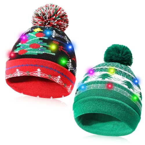 Hifot LED Leuchten Hut Mütze Stricken Helle und Bunte Weihnachten Xmas Christmas Warme Neuheit Strickmütze-2pcs Weihnachtsbäume