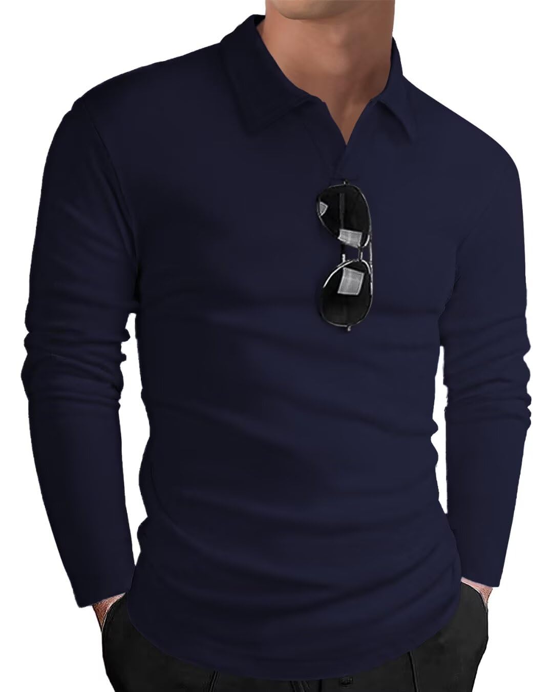 HMIYA Poloshirt Herren Langarm Baumwolle Langarmshirt Sweatshirt V-Ausschnitt Casual T-Shirts