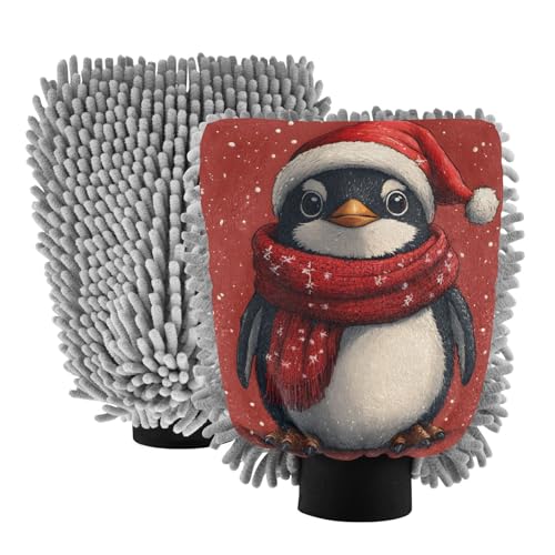 ALAZA Christmas Penguin Car Wash Mitt Scratch Free, 2 Pack Absorbent Microfiber/Chenille Washing & Drying Mitts, L