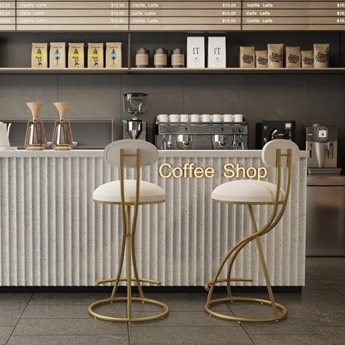 Set de 2 Butacos de Barra Modernos Altura de Mostrador, Color Dorado y Blanco Crema | Tapizados en Terciopelo, con Respaldo y Sin Brazos, para Hogar, Pub, Cocina, Isla y Bistro miniatura 3