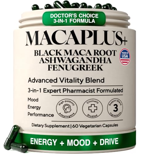 Organic Black Maca Root for Women & Men with Ashwagandha & Fenugreek 40 000mg Equivalent 40:1 Extract Energy Stamina Mood & Testosterone Support Peruvian Non-GMO Vegan 60 Capsules