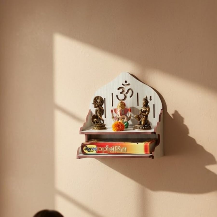 White Ash Wooden Temple Shelf for Home | Om Cutwork 2-Tier Wall Mounted/Tabletop Pooja Rack/Mandir with Storage for Multiple Idols-image-33