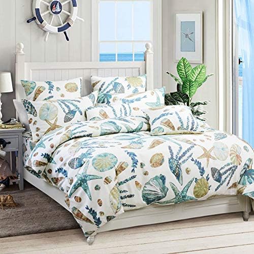 USTIDE 3-Piece Nautical Duvet Cover Set Double Beach Theme Duvet Covers Seaside Ocean Seashell Bedding Kids Children Bedding 100% Cotton Hypoallergenic
