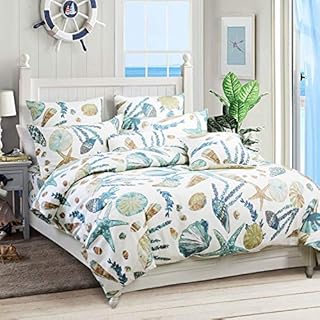 USTIDE 3-Piece Nautical Duvet Cover Set Double Beach Theme Duvet Covers Seaside Ocean Seashell Bedding Kids Children Bedding 100% Cotton Hypoallergenic