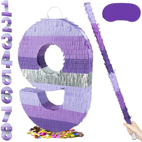 PCFING 20 In Number 9 Piñata Set Purple for Birthday Party Decorations