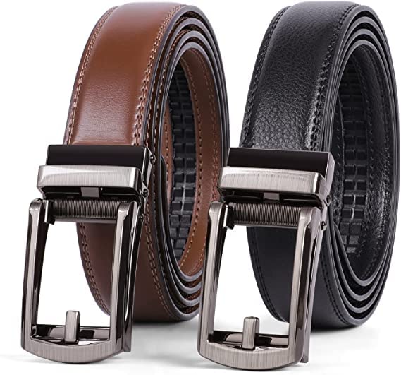 2 Pack Belt Men, 3cm Leather Ratchet Dress Belt for Men Dress Pants Oxfords, Perfect Fit Waist Size 60-120 cm with Automatic Buckle