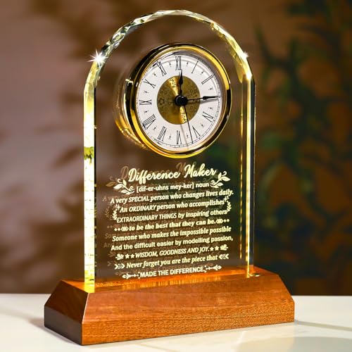 Image of Ornalrist Difference Maker Clock Gifts for Men Women Glass Clock Keepsake with Wooden LED Base Thank You Appreciation Gifts for Boss Teacher Employee Coworker Mentor Motivational Office Desk Decor