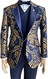 Mens Suits Fashion Groom Tuxedos Peaked Lapel Navy Blue Gold Paisley Slim Blazer Vest Pants 3 Piece Wedding Prom Suits (Color : Navy, Size : 42)