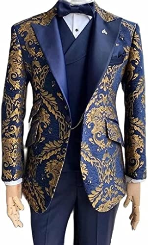 DERMAEX Mens Suits Fashion Groom Tuxedos Peaked Lapel Navy Blue Gold Paisley Slim Blazer Vest Pants 3 Piece Wedding Prom Suits (Color : Navy, Size : 44)-L8