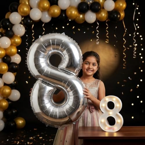 Image of Balloonistics Silver 40-Inch Foil Number 8 Balloon with Matching LED Marquee Light - Combo Set for 8th Birthday, Anniversary, Party Decoration, Photo Booth Backdrop, Cake Table Decor