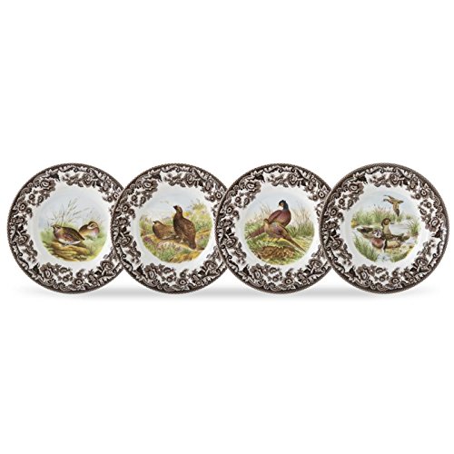 Spode Woodland Canap Plate Set 4 Piece 6.5 Inch Fine Porcelain Plates Featuring Red Grouse Pheasant Quail & Wood Duck Motifs Microwave Dishwasher & Warm Oven Safe Made in England