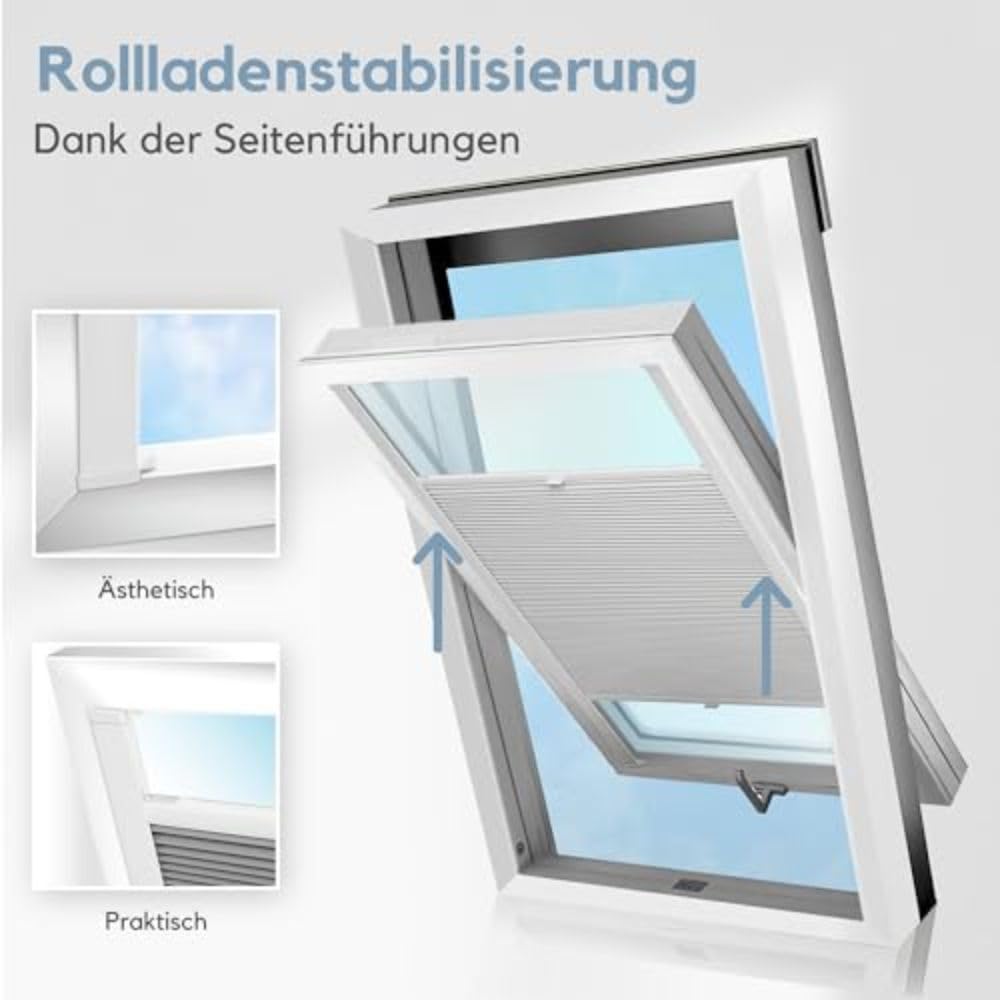 Wabenplissee Dachfenster - Maßanfertigung, 100% Verdunkelung, Thermo-Isolierung, Einfache Montage, Up&Down System, Breite 30-120 cm, Höhe 50-149 cm, 6 Stofffarben, 3 Profilfarben