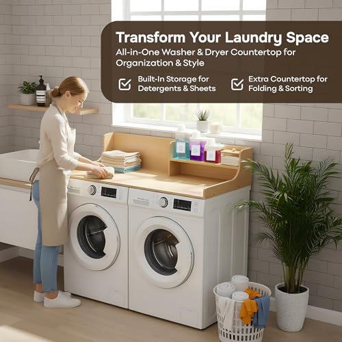 SOBHI | Solid Wood Washer & Dryer Countertop with Laundry Add-Ons | 54″ x 27″ Laundry Room Organization & Storage Topper | 3 Detergent Dispensers & Dryer Sheet Box | Oak Finish - Thumbnail 6