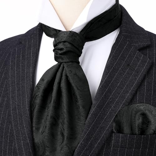 Image of HISDERN Ascot Ties for Men Paisley Floral Ascot and Pocket Square Set Classic Self Tie Mens Cravat Handkerchief for Wedding