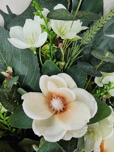 DRW Blumenstrauß für Friedhof, Blumenstrauß, künstliche Blumen zum Einsetzen in die Vase oder über Grab, 73 x 63 x 20 cm (Magnolien)