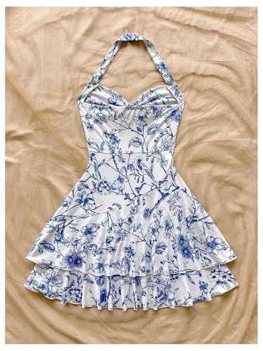 Image of Floerns Women's Cute Summer Halter Neck Floral Leopard Print Short Sundress