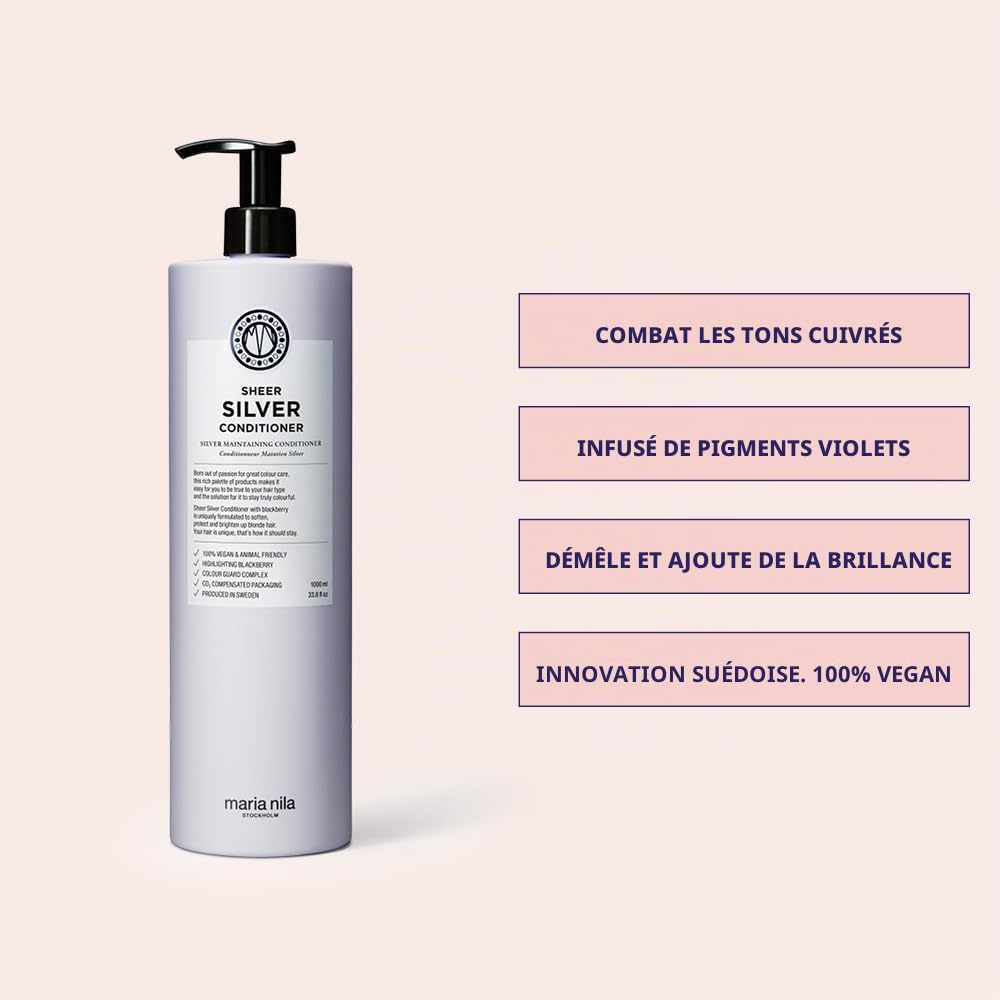 Maria Nila Sheer Silver, Après-Shampooing Argent/Violet, Neutralise les Reflets Jaunes/Dorés Indésirables des Cheveux Blonds, Blancs et Gris, les Pigments Violets Apportent des Tons Froids