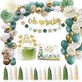 Yosemy 86stk Luftballons Girlande Party Set,Baby Party Deko Junge Mädchen Baby Shower Dschungel Dekoration,Gold&Sage Grüne Ballon mit Servietten&Banner&Konfetti für Geburtstag Party,Babyparty Mehrweg