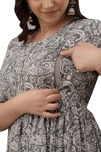Image of The Moon Star Women's Cotton Floral Printed Anarkali Maternity Feeding Kurti | Breastfeeding Dress for Mothers | Zipper Feeding Kurti, Nursing Kurti, Comfortable and Trendy Maternity Wear