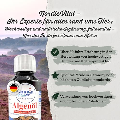 NordicVital Premium Algenöl 100ml für Hunde, Katzen & Pferde – 100% Vegan - Hochkonzentriertes Omega 3, EPA & DHA - Natürliches Barf Öl aus Algen für Fell & Haut – Abgefüllt in Deutschland