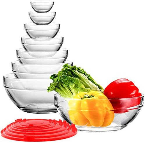 WERTIOO 9 Pcs Glsss Mixing Bowls Stackable Bowl Set with 7 pcs Lid for kitcken
