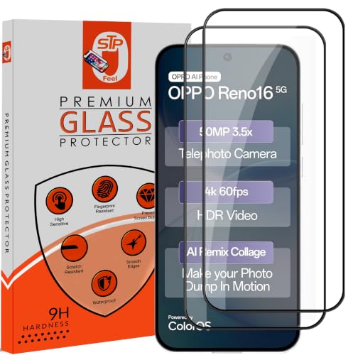 Image of STP FEEL Premium HD+ Tempered Glass Screen Protector Guard For Oppo Reno 16 5G (6.32 Inch, Pack of 2) | Edge to Edge Coverage With Easy to installation kit for Smartphone