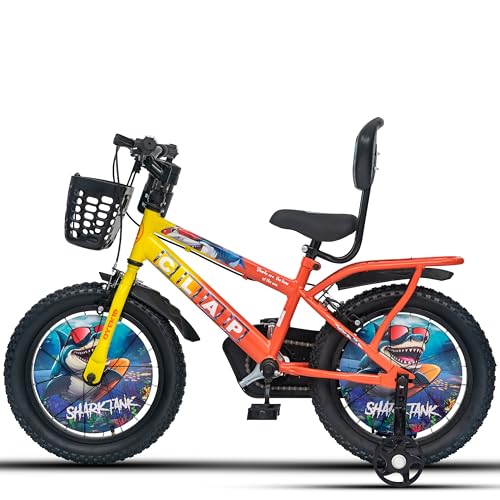 Image of Shark Tank 16T Kids Bicycle for Boys & Girls with Inbuilt Carrier, Front Basket, PU Soft Seat, Full Chain Cover & Stylish Wheelcards (Yellow /Orange)
