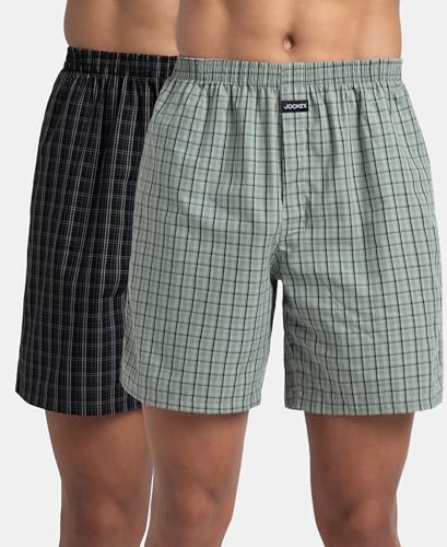 Image of Jockey 1223 Men Super Combed Mercerized Cotton Woven Checkered Boxer Shorts with Side Pocket (Pack of 2, Colors & Prints May Vary)