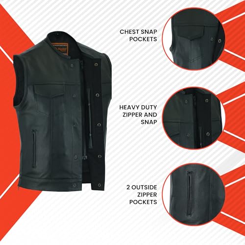 Daniel Smart Men’s Leather Motorcycle Vest Premium Cowhide Biker Vest with Smart Access Pockets & Collarless Windproof Design (US, Alpha, Medium, Regular, Regular, Black)