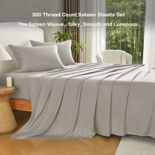 Image of Andency Sateen Sheets Set, 100% Viscose Derived from Bamboo, Hotel Luxury Silky & Cooling for Hot Sleepers, Deep Pocket Up to 16 inch, Grey Queen
