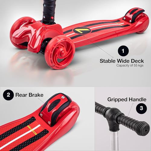 Image of Baybee Flash Kick Scooter for Kids | Smart Foldable 3 Wheel Kids Scooter with 4 Height Adjustable, LED PU Wheels & Brake | Skating Scooters Upto 75 Kg Capacity | Skate Scooters for Kid (Red)