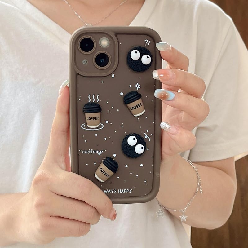 Image of Back Case Cover Compatible for iPhone 16 | Pack of 3 Combo Black & Brown Case | Cute Fun Cartoon 3D Ball Coffee Silicone Case | Body Protection | Camera Protection | Shock Proof