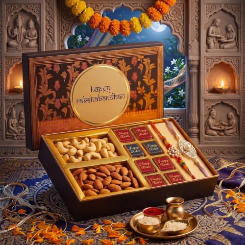 Image of Bay Nut Premium Rakhshabandhan /Rakhi Gift Hmaper for brother and sister |Combo Pack Of Almonds,Cashews 150gm, homemade choclates 100gm, 2 rakhi, rolichawal, card Festive Celebration (h-12)