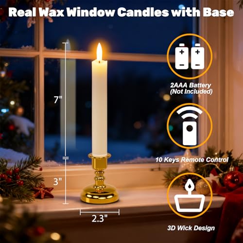 Image of Wondise Flameless Window Candles with Remote Timer, 7 inch Battery Operated 3D Wick Real Wax LED Flickering Taper Candles for Christmas Decoration, Removable Gold Holder and Suction Cups Included 4Pack