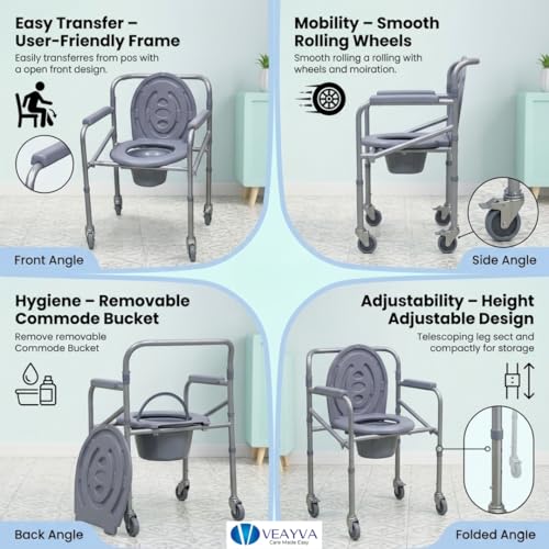 Image of Veayva Height Adjustable Commode Chair With Wheels With Removable Bucket And Locable Wheels- Ideal For Elderly And Disabled Can Roll Over Commode, Grey