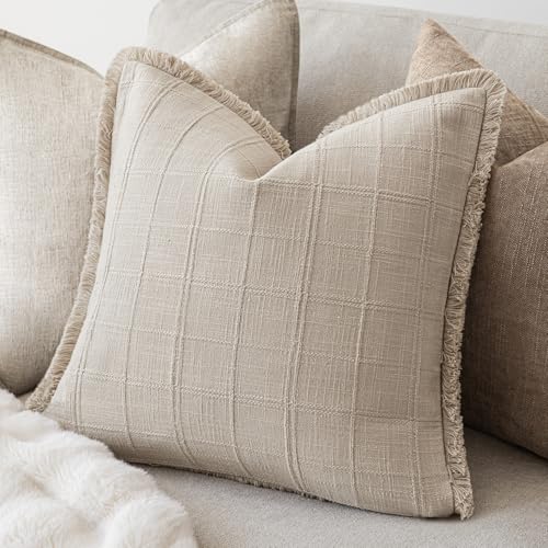 Image of Foindtower Set of 2 Decorative Linen Check Fringe Throw Pillow Covers Farmhouse Vintage Cushion Covers Modern Boho Home Decor for Sofa Chair Couch Bedroom Living Room,16x16 Inch,Natural Linen