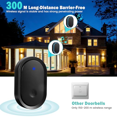 Blendura Funkklingel Funk Set, 300m Funkreichweite IP55 Wasserdicht Elektronischer Türklingel Haustürklingel mit Plug-In-Empfängern, 60 Melodien, 5 Lautstärkestufen, Schwarz, plastic