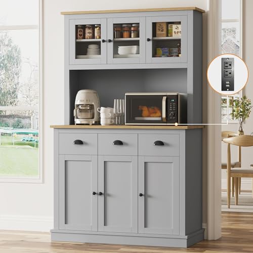 Buytime 71' Kitchen Hutch with Charging Station, Tall Pantry Storage Cabinet with Microwave Stand, Adjustable Shelves, Slide Drawers, Large Buffet Pantry Cabinet for Kitchen, Dining Room, Grey