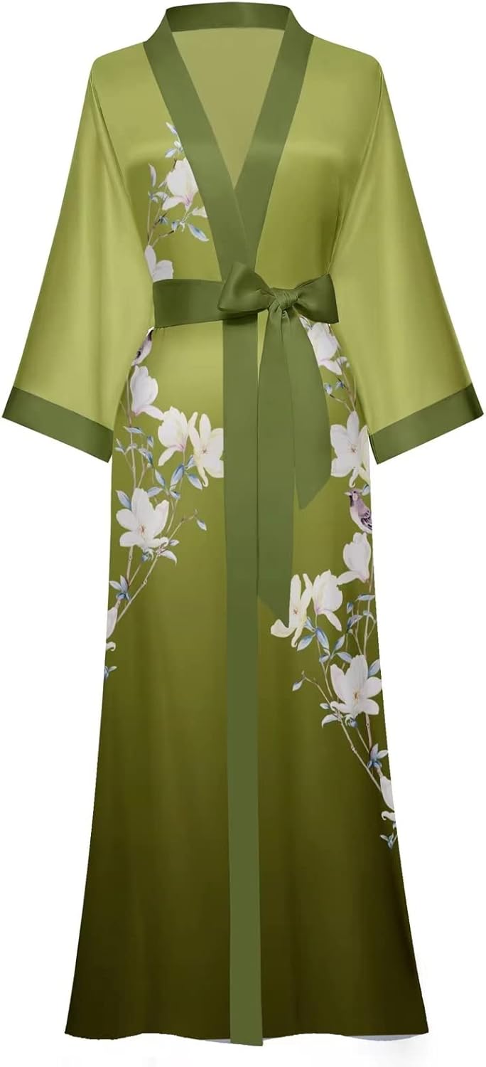 Women's Long Kimono Robe Floral Silk Robe Satin Silky Bathrobe Sleepwear Bridesmaid Wedding Robes