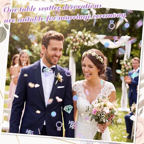 Image of Sumind 220 Pieces Laser Silver Wedding Table Confetti, Paper Mr and Mrs Laser Silver Diamond Ring Circle Dots Diamond Glitter Confetti for Marriage Ceremony Anniversary Valentine