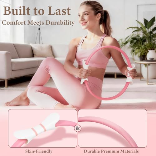 LZCDUDU Pink Pilates Ring Kit with 14.5 inch Magic Circle & Foam Roller, Ergonomic Home Workout Equipment Set, Full Pilates Essentials for Women Beginners - Includes Exercise Guide & Storage Bag